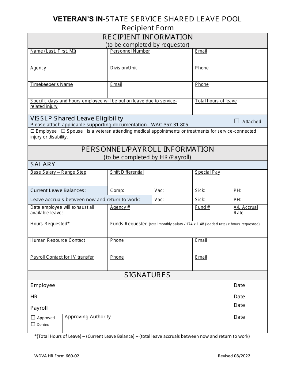 WDVA HR Form 660-02 Veterans in-State Service Shared Leave Pool Recipient Form - Washington, Page 1