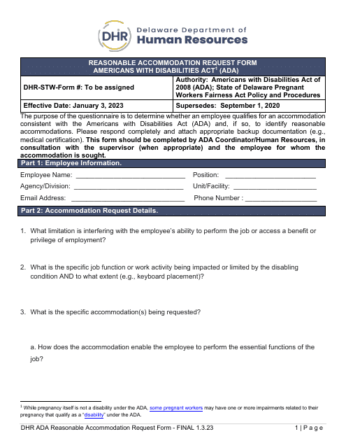 Reasonable Accommodation Request Form - Americans With Disabilities Act (Ada) - Delaware