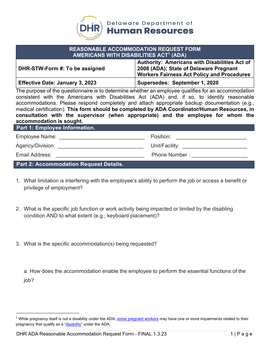 Delaware Reasonable Accommodation Request Form - Americans With ...