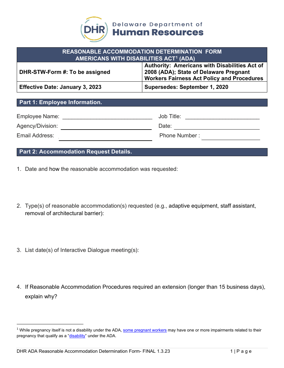 Reasonable Accommodation Determination Form - Americans With Disabilities Act (Ada) - Delaware, Page 1