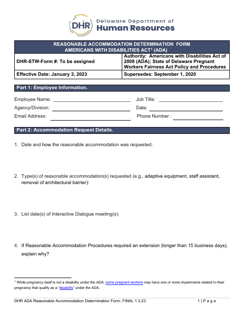 Reasonable Accommodation Determination Form - Americans With Disabilities Act (Ada) - Delaware Download Pdf