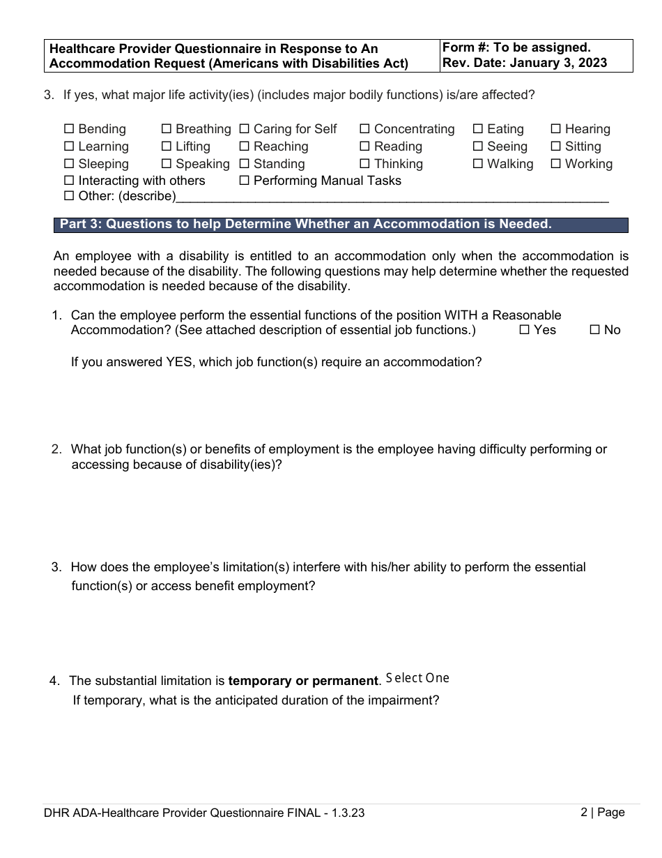 Healthcare Provider Questionnaire in Response to an Accommodation Request - Americans With Disabilities Act (Ada) - Delaware, Page 2