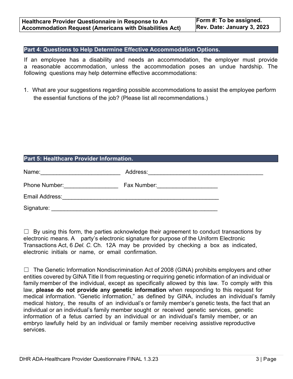 Healthcare Provider Questionnaire in Response to an Accommodation Request - Americans With Disabilities Act (Ada) - Delaware, Page 3