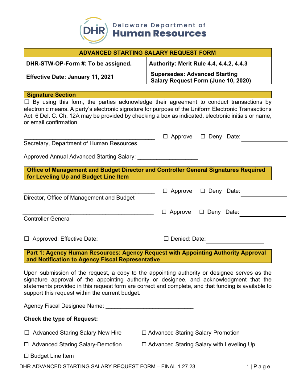 Advanced Starting Salary Request Form - Delaware, Page 1