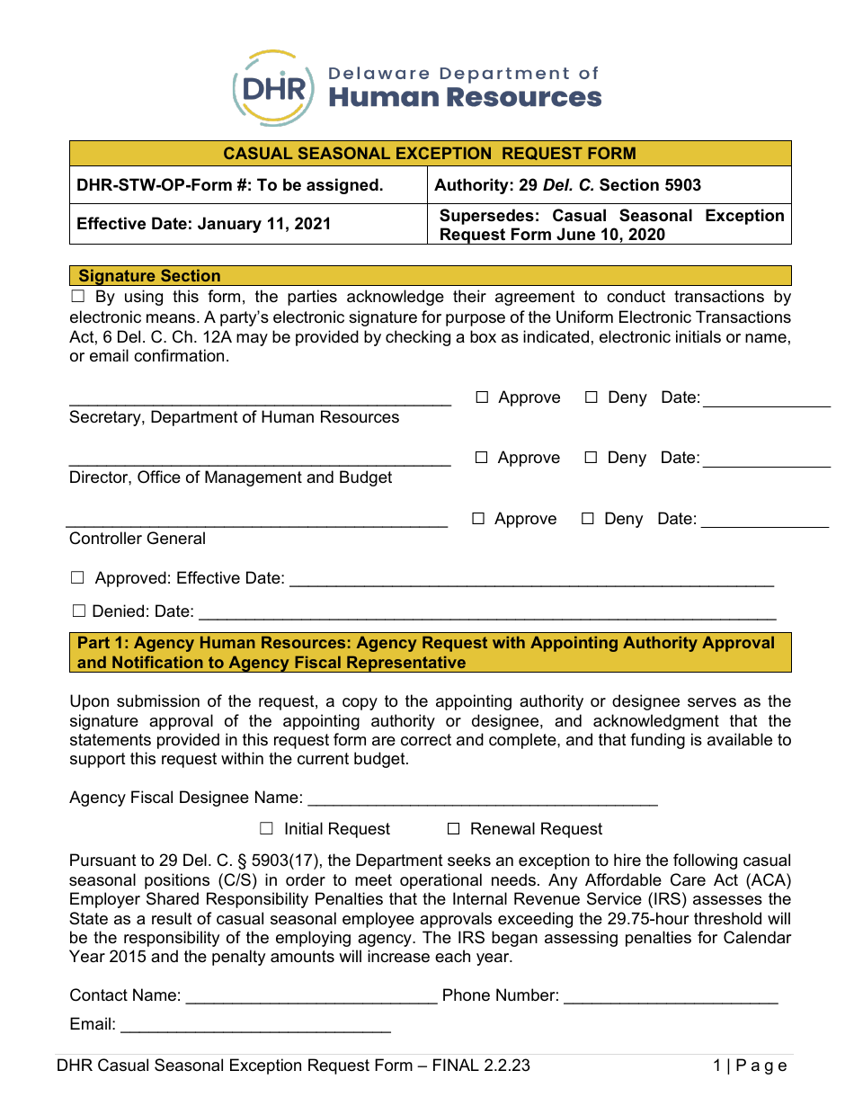 Casual Seasonal Exception Request Form - Delaware, Page 1