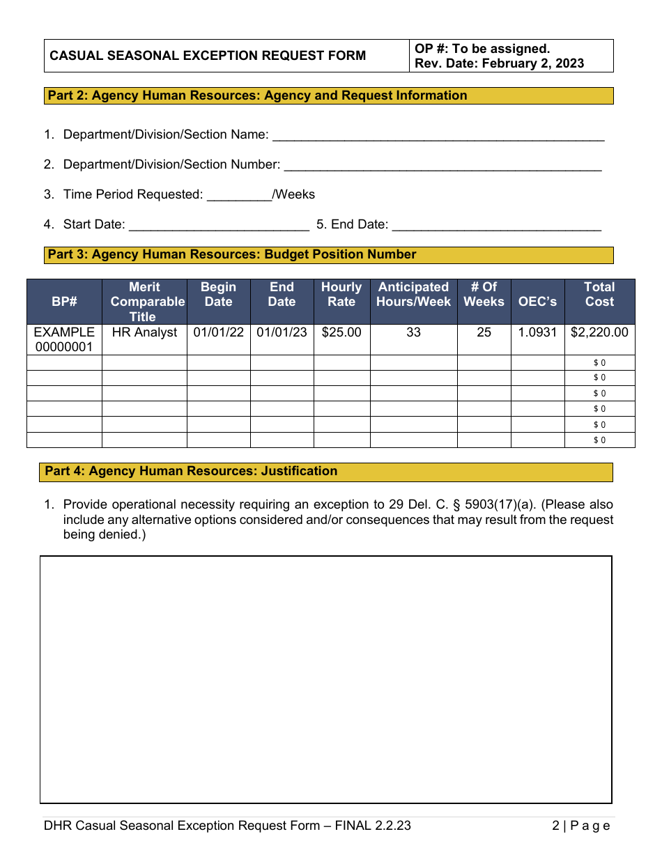 Casual Seasonal Exception Request Form - Delaware, Page 2