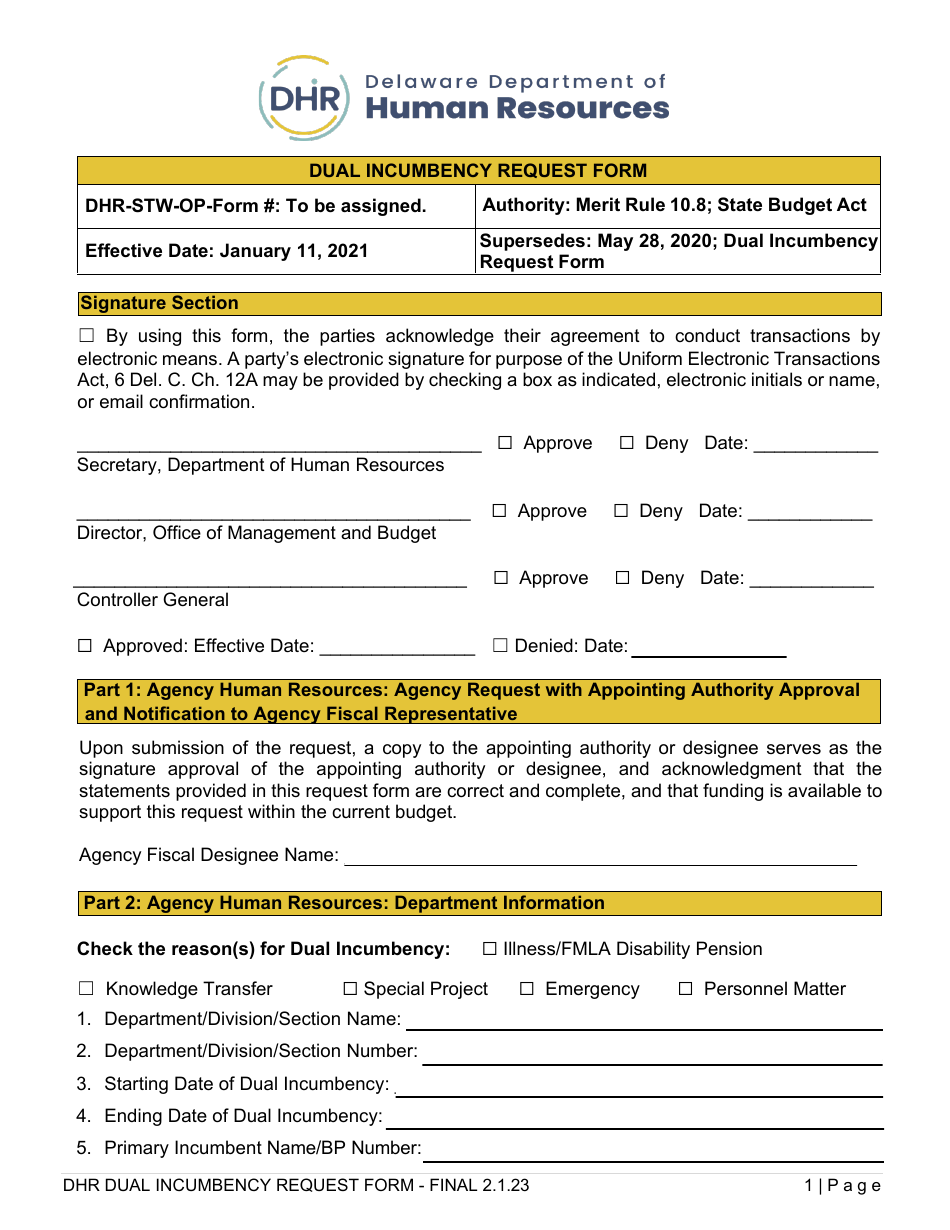 Dual Incumbency Request Form - Delaware, Page 1