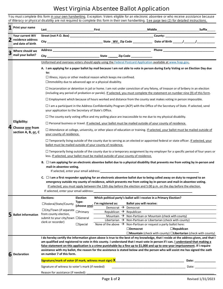 West Virginia Absentee Ballot Application - West Virginia, Page 1