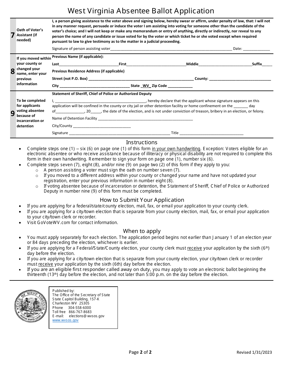 West Virginia Absentee Ballot Application - West Virginia, Page 2