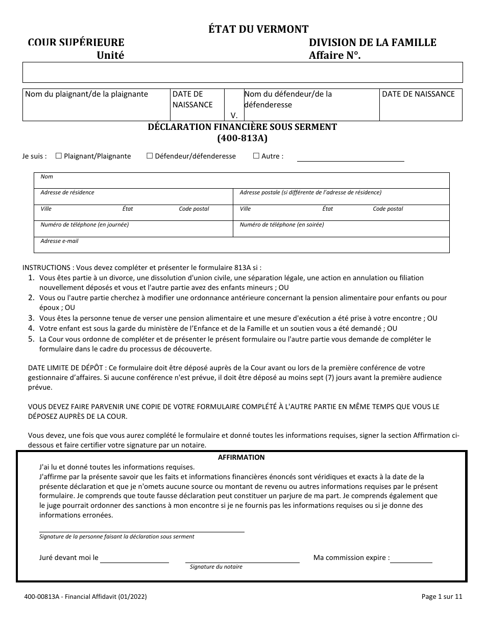Form 400-00813A Financial Affidavit - Vermont (French), Page 1