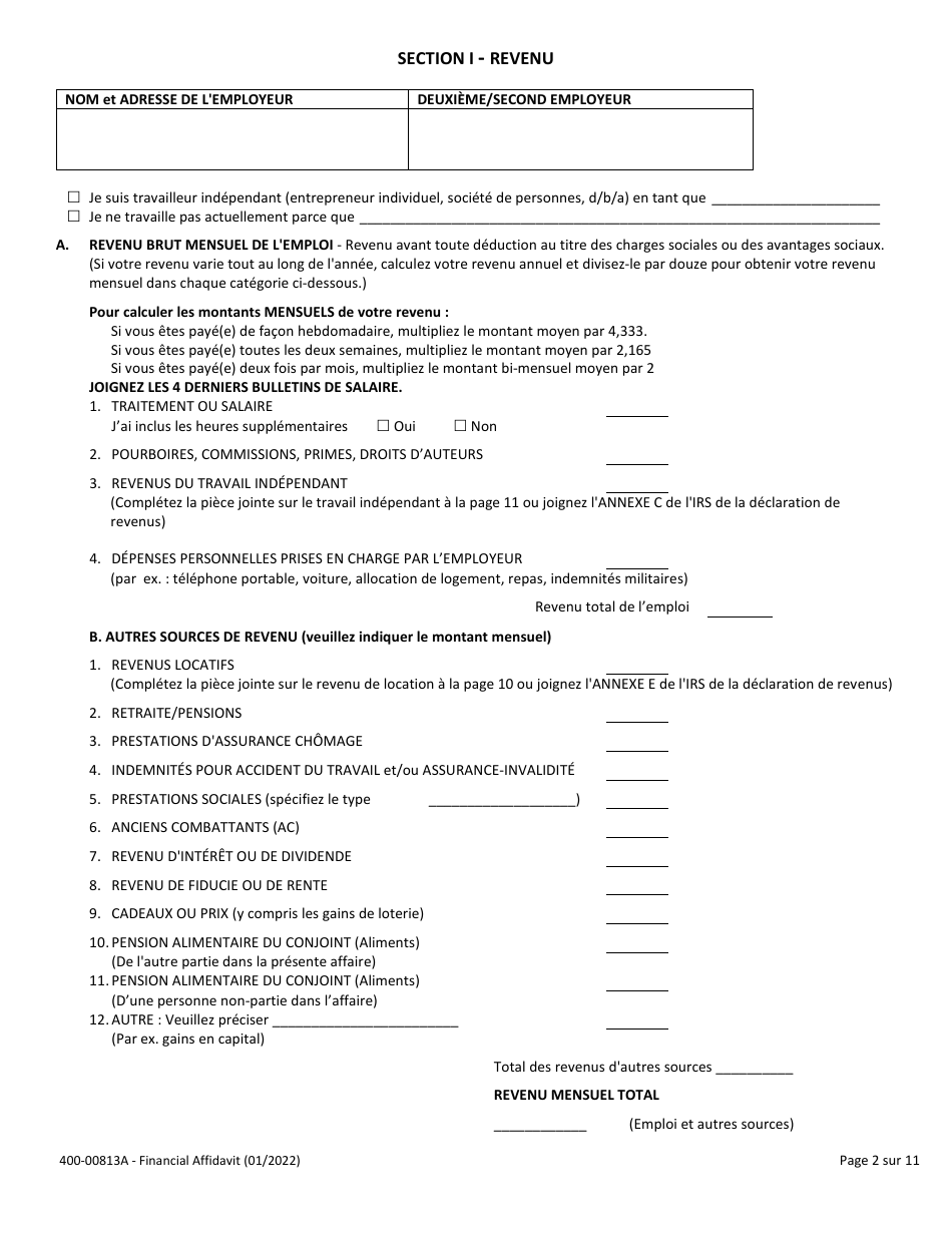 Form 400-00813A Financial Affidavit - Vermont (French), Page 2