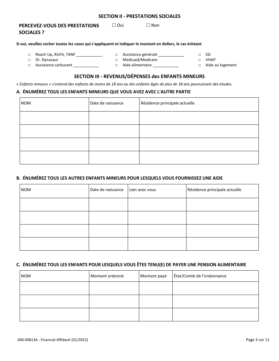 Form 400-00813A Financial Affidavit - Vermont (French), Page 3