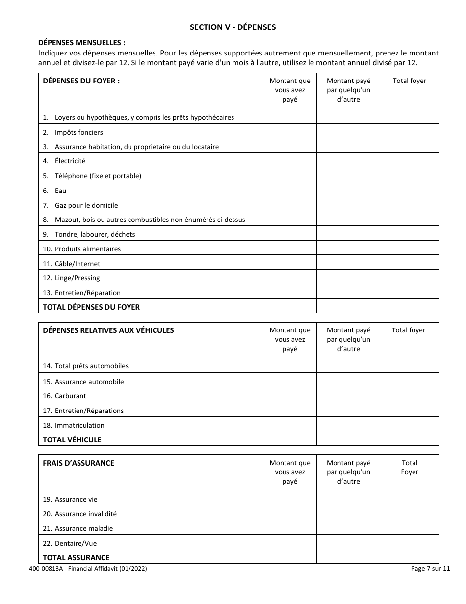 Form 400-00813A Financial Affidavit - Vermont (French), Page 7