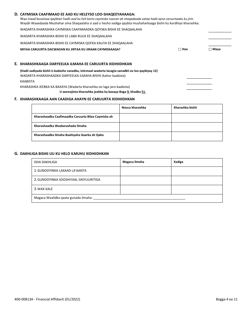 Form 400-00813A Financial Affidavit - Vermont (Somali), Page 4