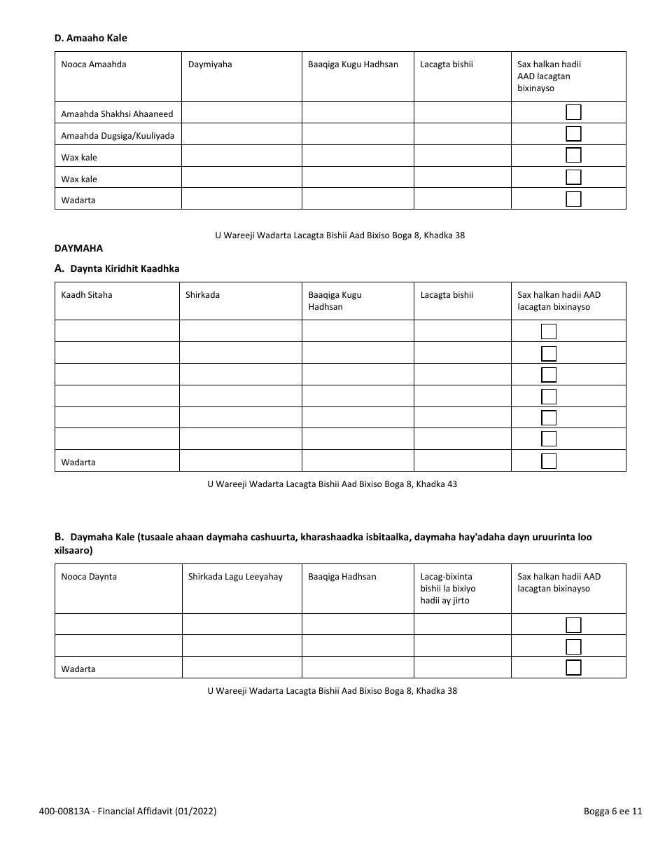 Form 400-00813A Financial Affidavit - Vermont (Somali), Page 6