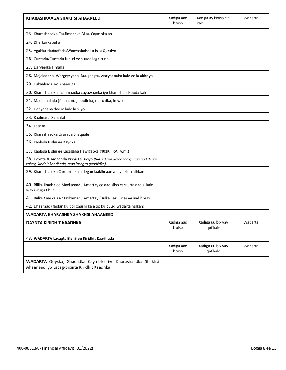 Form 400-00813A Financial Affidavit - Vermont (Somali), Page 8