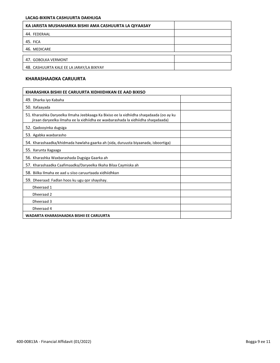 Form 400-00813A Financial Affidavit - Vermont (Somali), Page 9