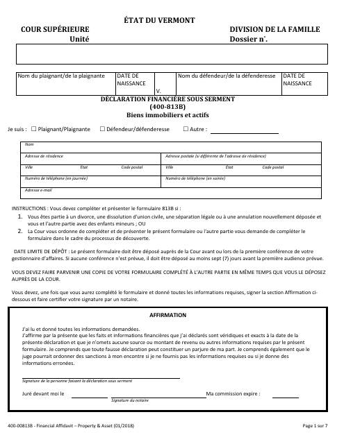 Form 400-00813B Financial Affidavit - Property and Assets - Vermont (French)