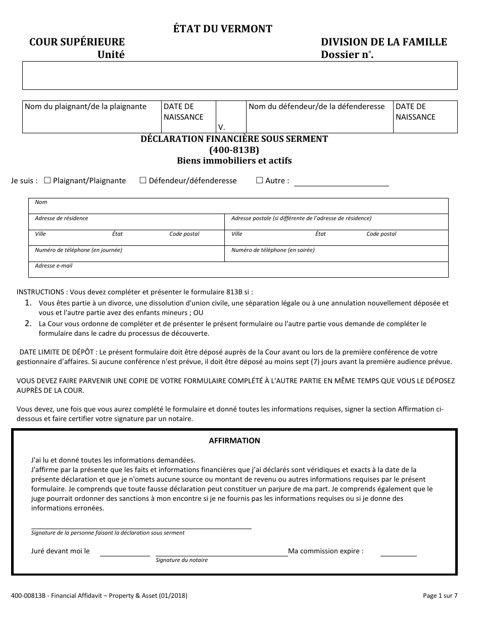 Form 400-00813B Financial Affidavit - Property and Assets - Vermont (French), Page 1