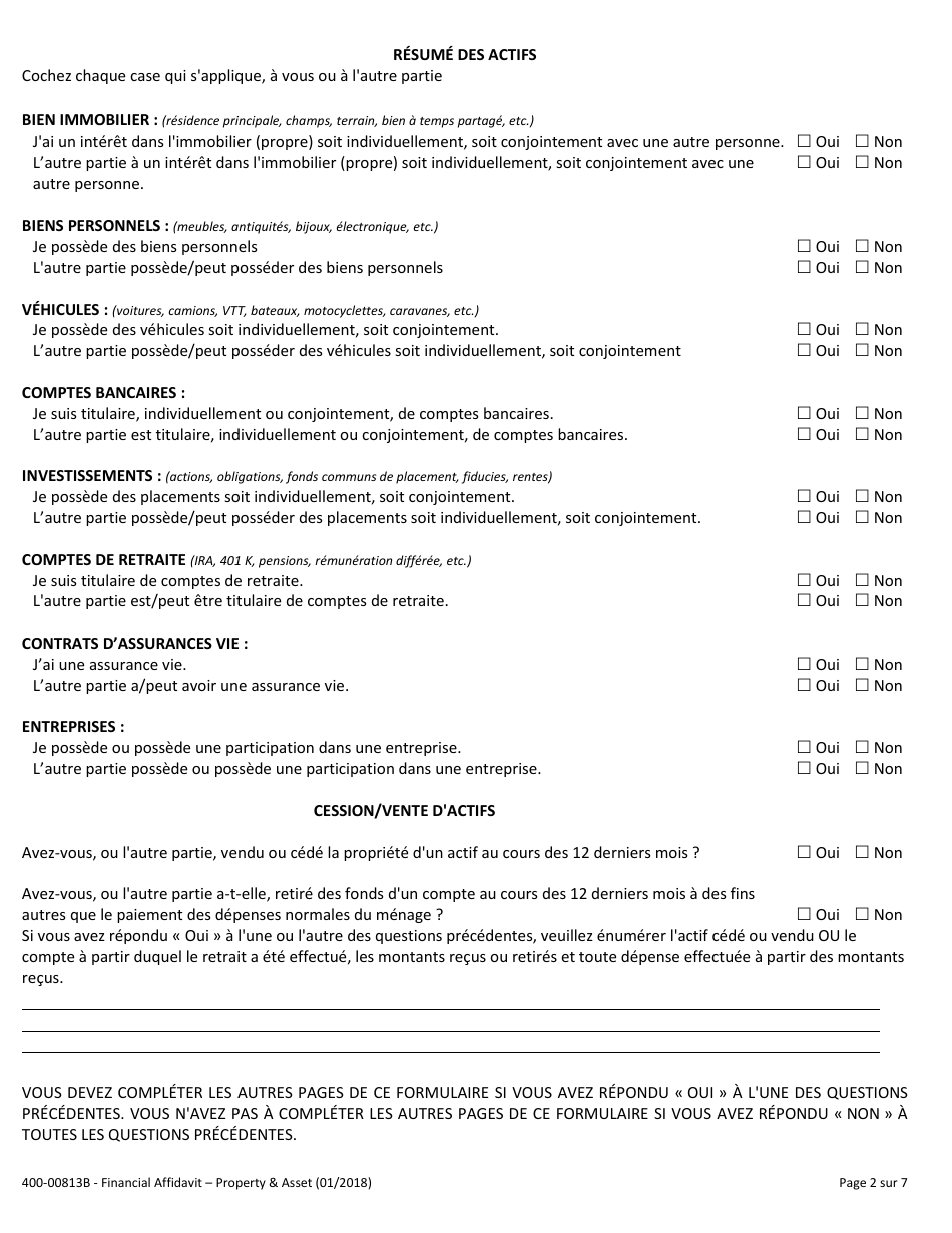 Form 400-00813B Financial Affidavit - Property and Assets - Vermont (French), Page 2