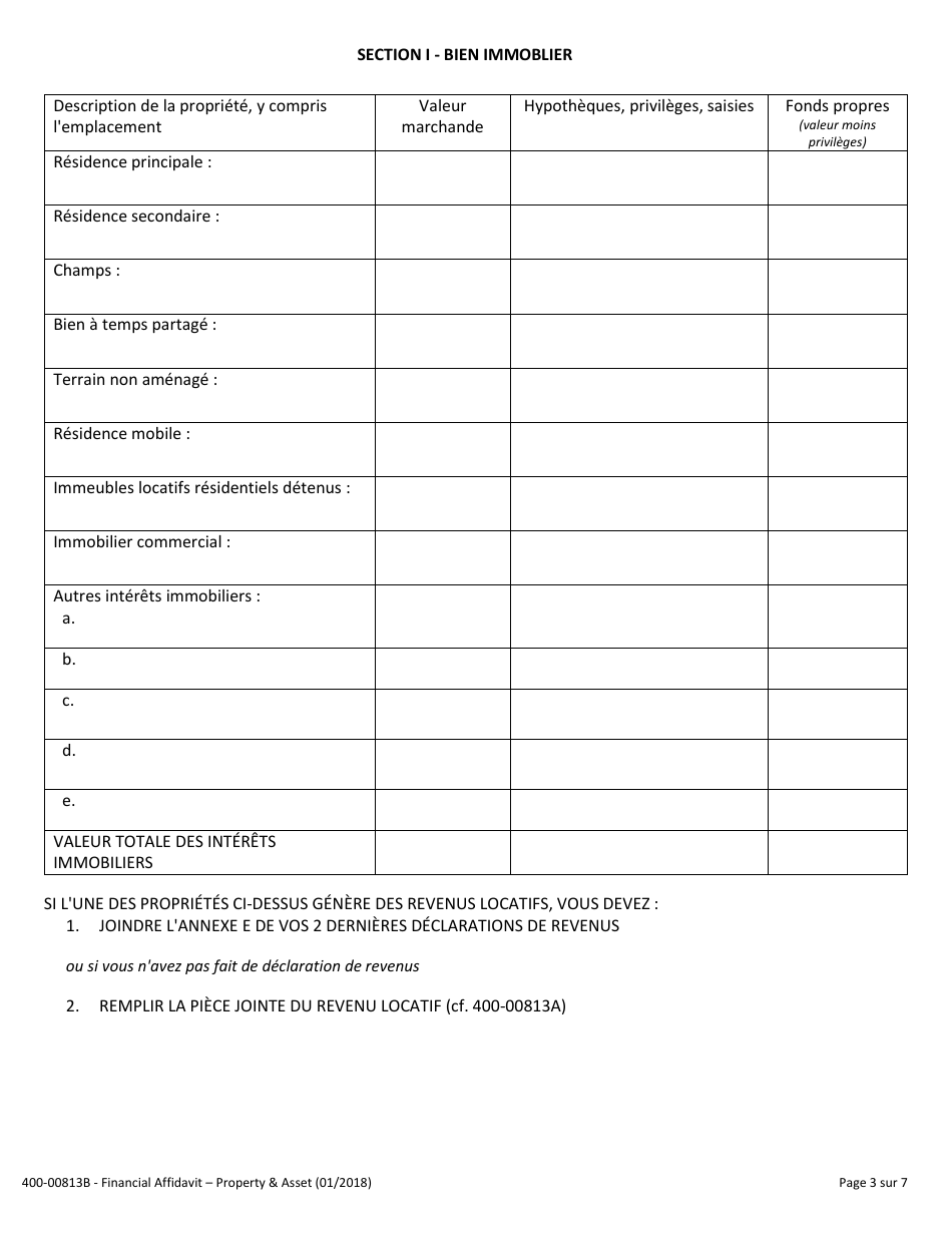Form 400-00813B Financial Affidavit - Property and Assets - Vermont (French), Page 3