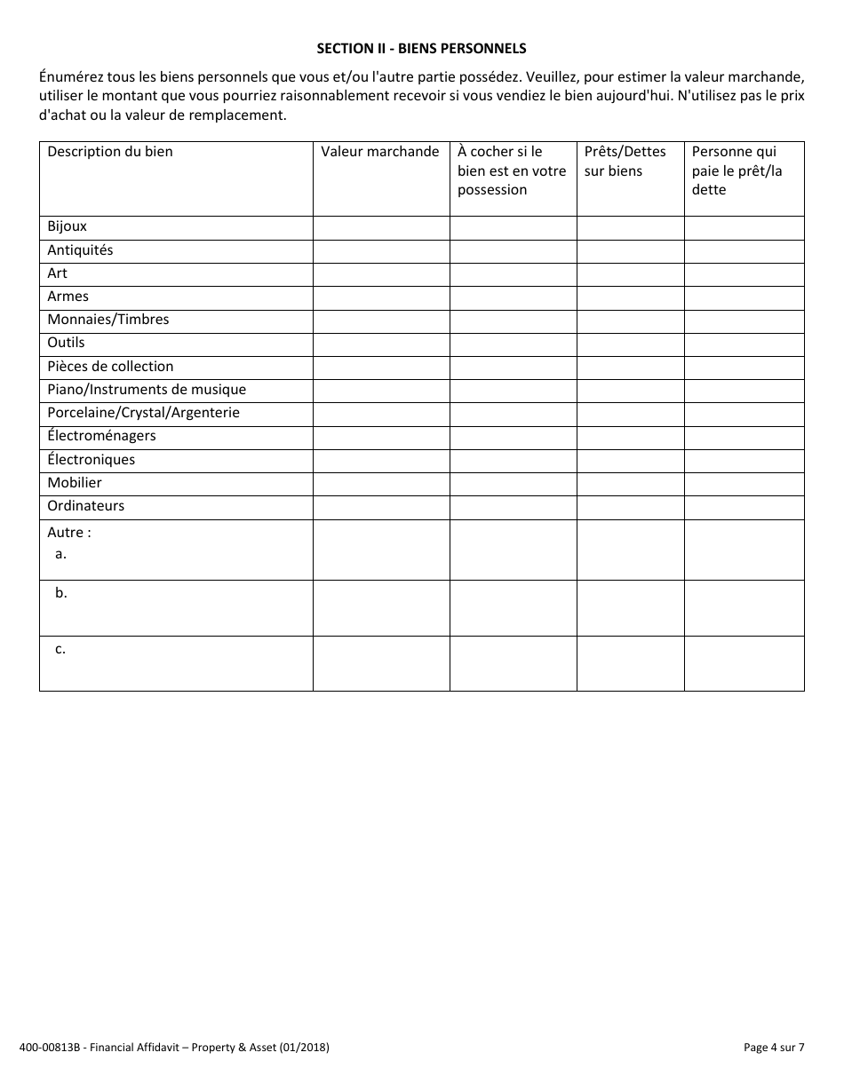 Form 400-00813B Financial Affidavit - Property and Assets - Vermont (French), Page 4