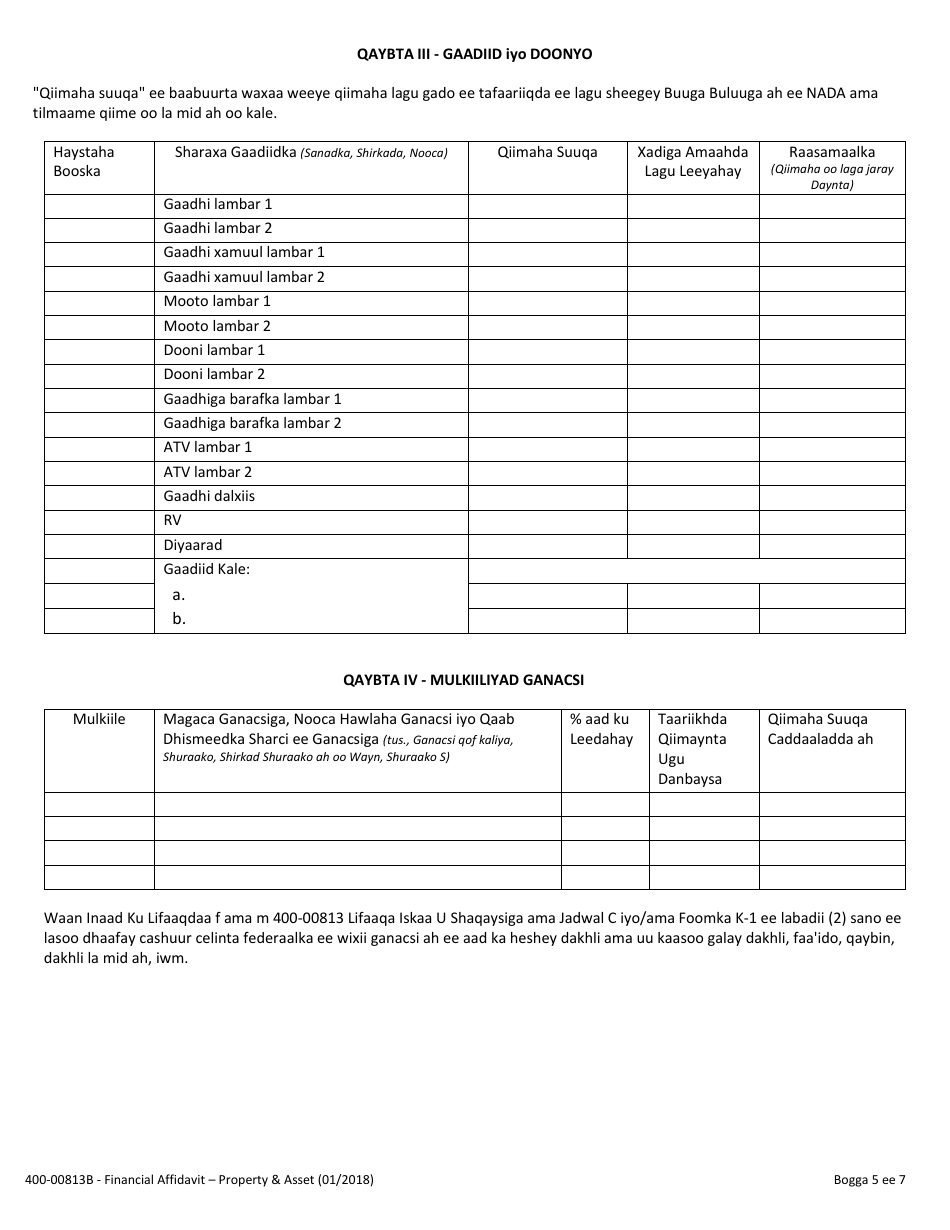 Form 400-00813B Financial Affidavit - Property and Assets - Vermont (Somali), Page 5
