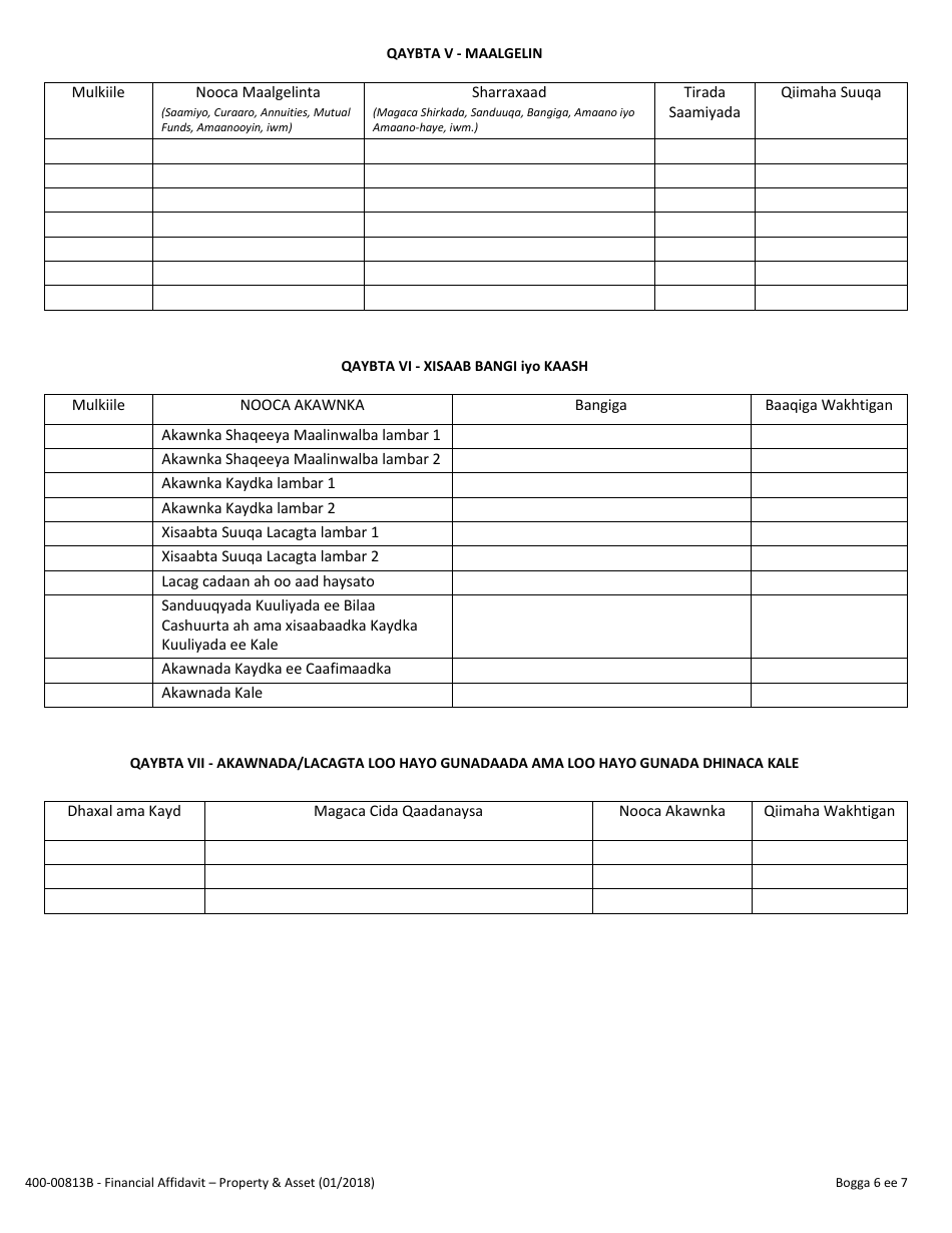 Form 400-00813B Financial Affidavit - Property and Assets - Vermont (Somali), Page 6