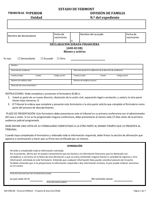 Formulario 400-00813B Declaracion Jurada Financiera - Bienes Y Activos - Vermont (Spanish)