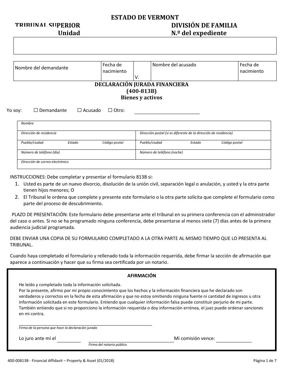 Formulario 400-00813B Declaracion Jurada Financiera - Bienes Y Activos - Vermont (Spanish), Page 1