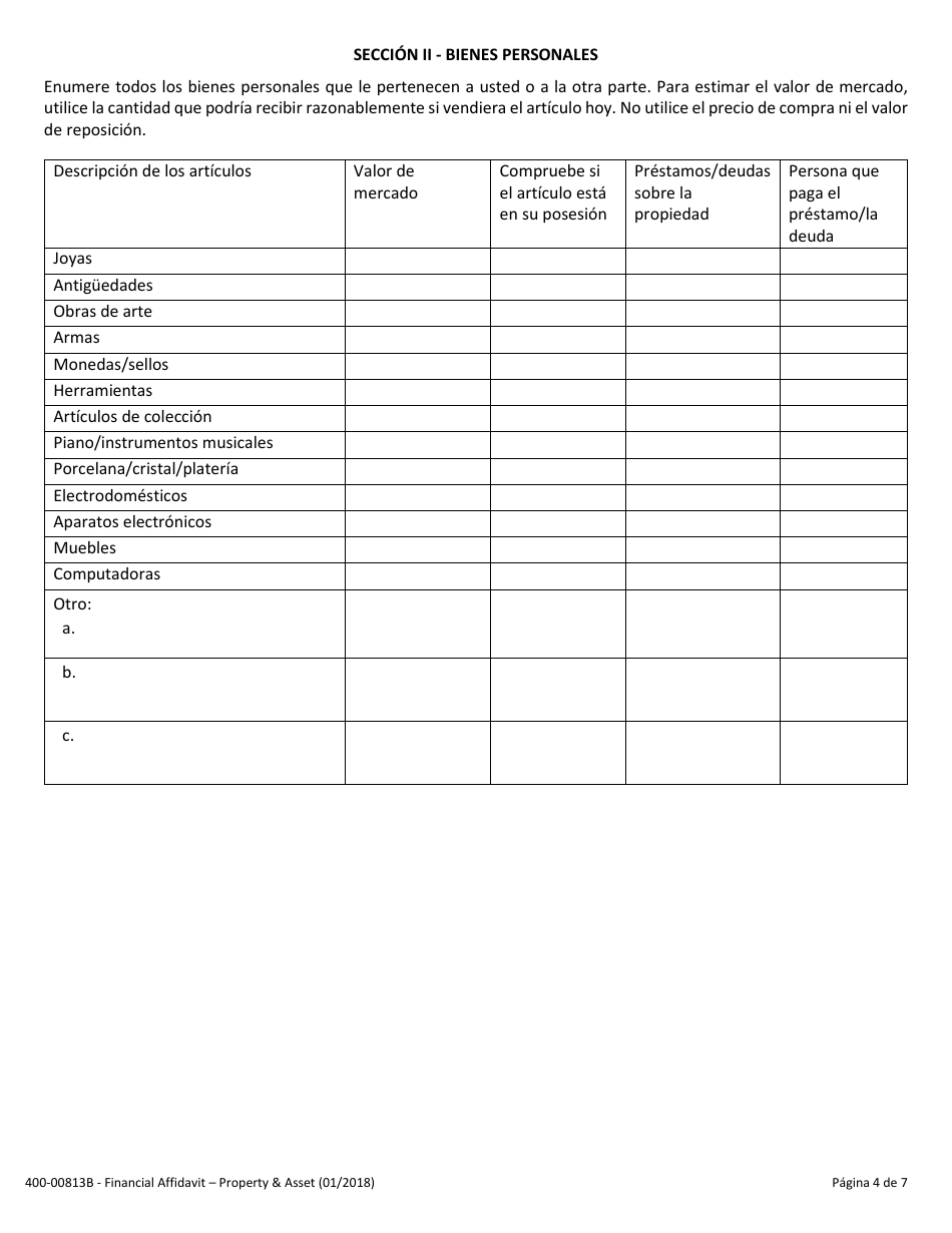 Formulario 400-00813B Declaracion Jurada Financiera - Bienes Y Activos - Vermont (Spanish), Page 4