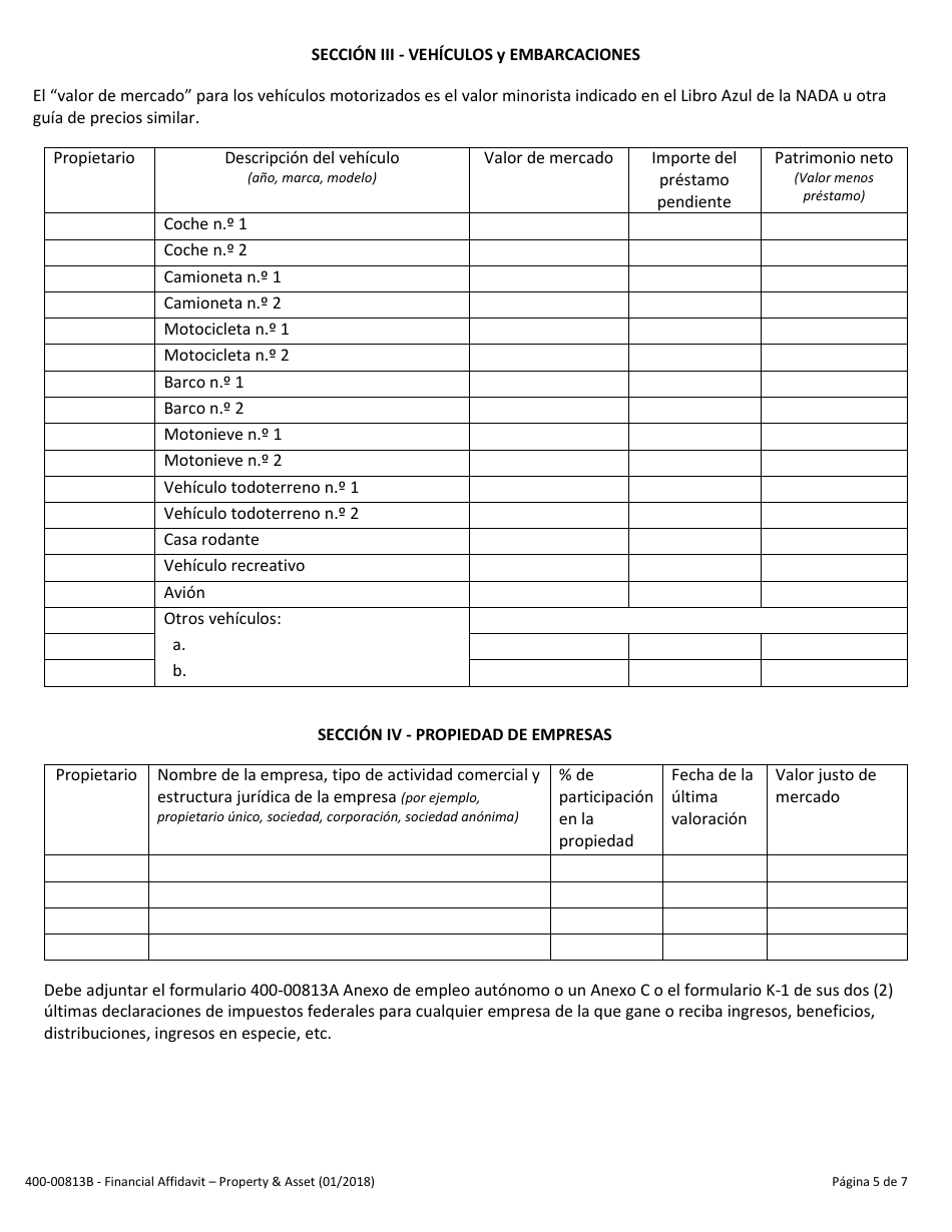 Formulario 400-00813B Declaracion Jurada Financiera - Bienes Y Activos - Vermont (Spanish), Page 5