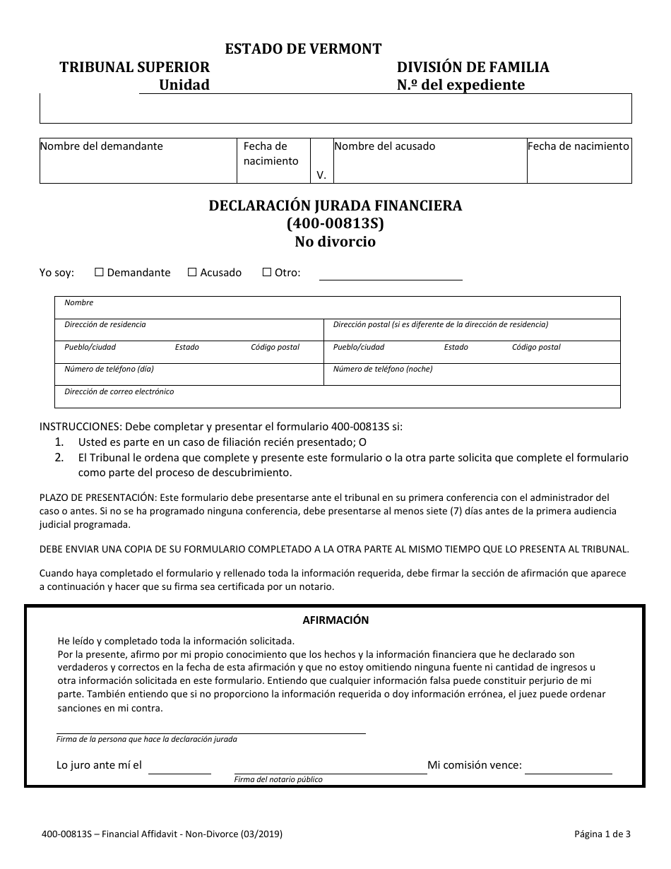 Formulario 400-00813S Declaracion Jurada Financiera - No Divorcio - Vermont (Spanish), Page 1