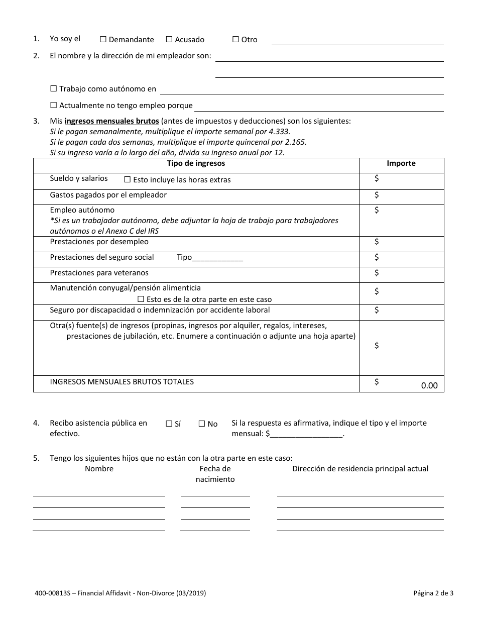 Formulario 400-00813S Declaracion Jurada Financiera - No Divorcio - Vermont (Spanish), Page 2