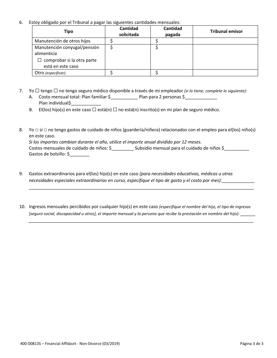 Formulario 400-00813S Declaracion Jurada Financiera - No Divorcio - Vermont (Spanish), Page 3