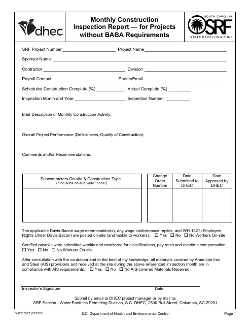 DHEC Form 3587 Monthly Construction Inspection Report - for Projects Without Baba Requirements - South Carolina