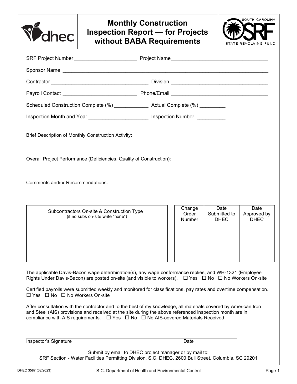 DHEC Form 3587 Monthly Construction Inspection Report - for Projects Without Baba Requirements - South Carolina, Page 1