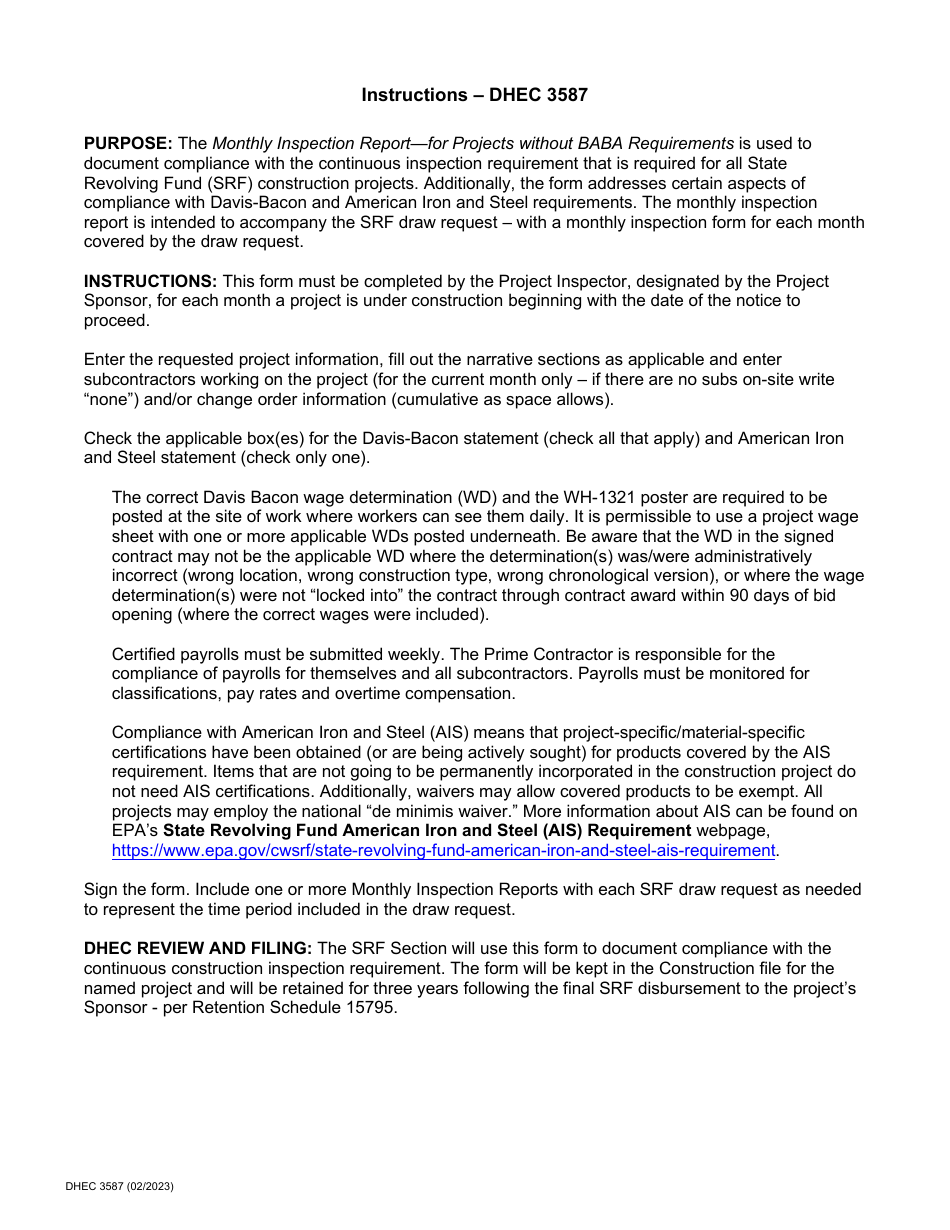 DHEC Form 3587 Monthly Construction Inspection Report - for Projects Without Baba Requirements - South Carolina, Page 2