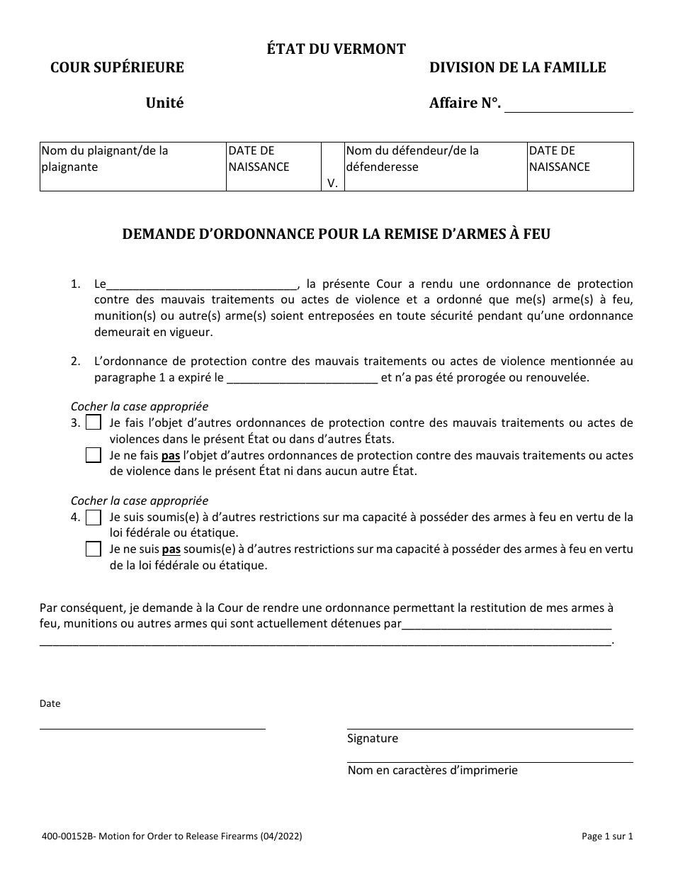 Form 400-00152B Motion for Order to Release Firearms - Vermont (French), Page 1