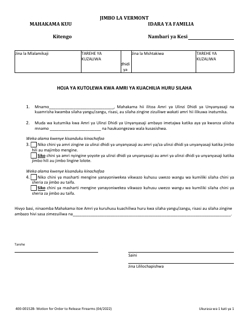 Form 400-00152B Motion for Order to Release Firearms - Vermont (Swahili)