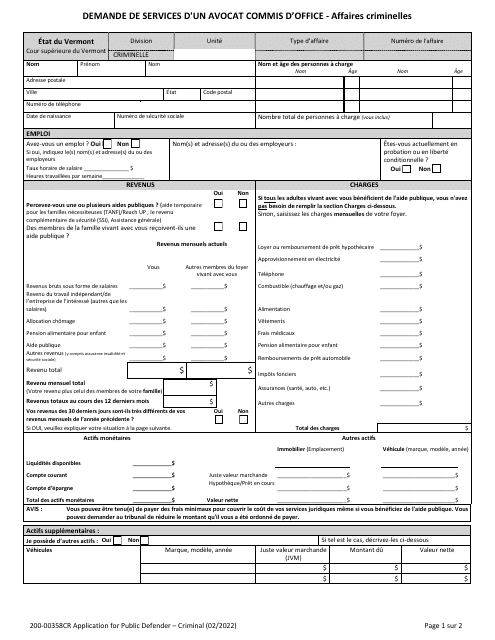 Form 200-00358CR Application for Public Defender Services - Criminal - Vermont (French)
