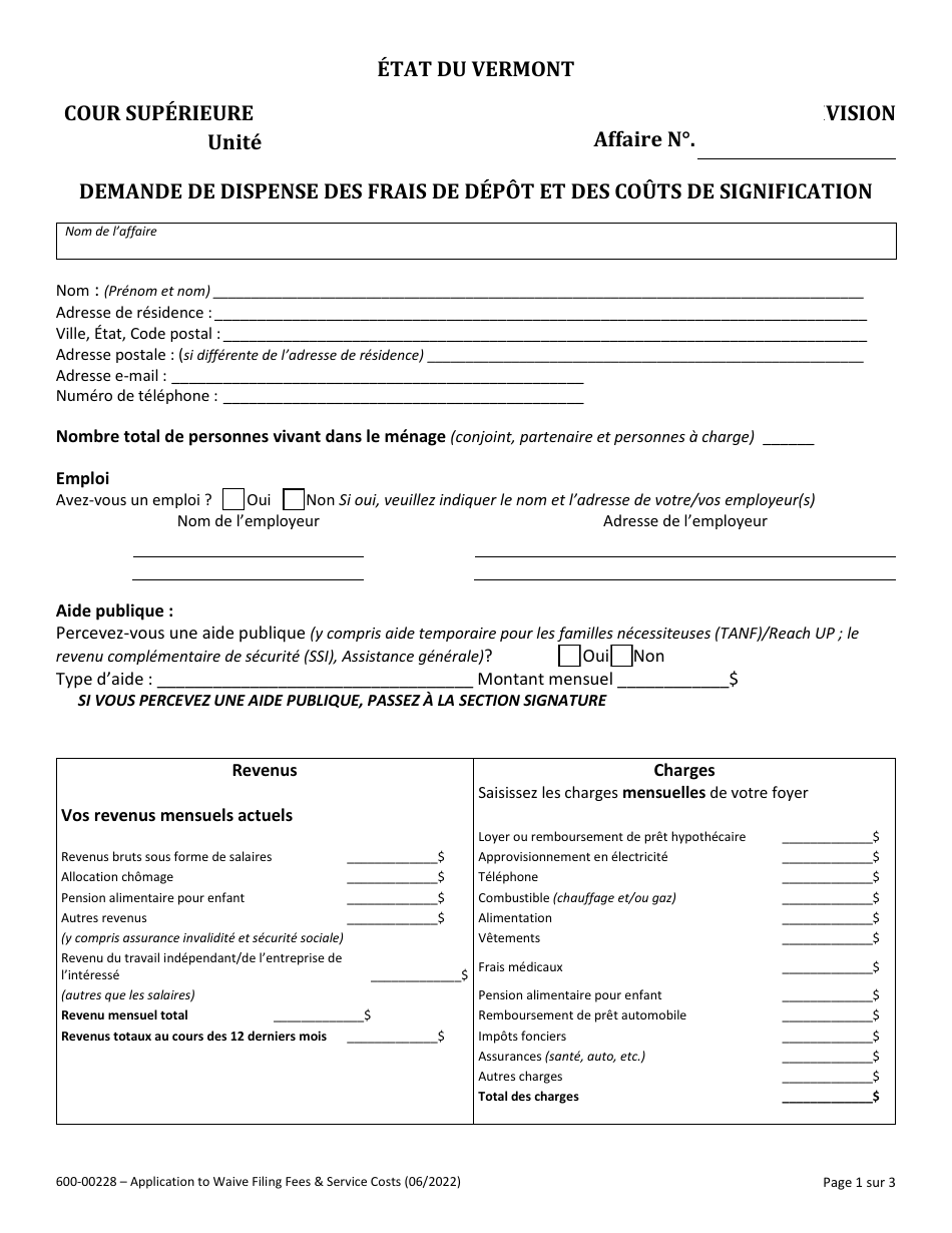 Form 600-00228 Application to Waive Filing Fees and Service Costs - Vermont (French), Page 1