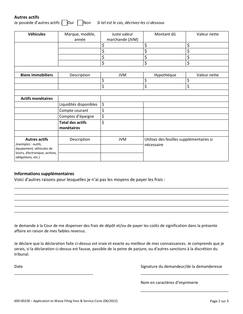 Form 600-00228 Application to Waive Filing Fees and Service Costs - Vermont (French), Page 2