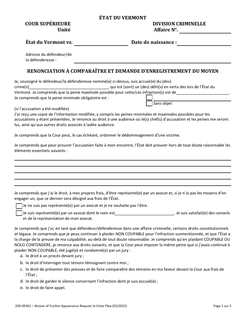 Form 200-00362 Waiver of Further Appearance and Request to Enter Plea - Vermont (French)