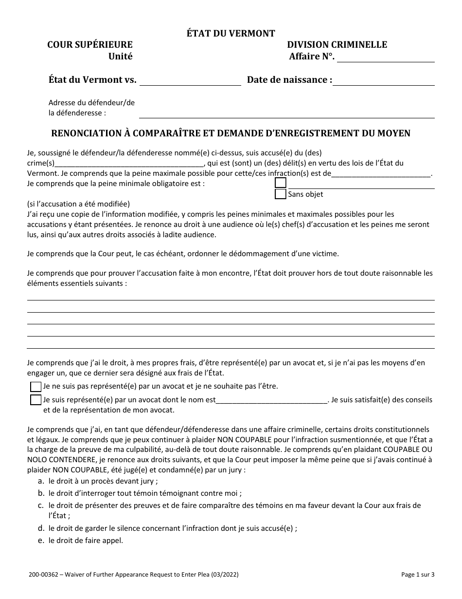 Form 200-00362 Waiver of Further Appearance and Request to Enter Plea - Vermont (French), Page 1