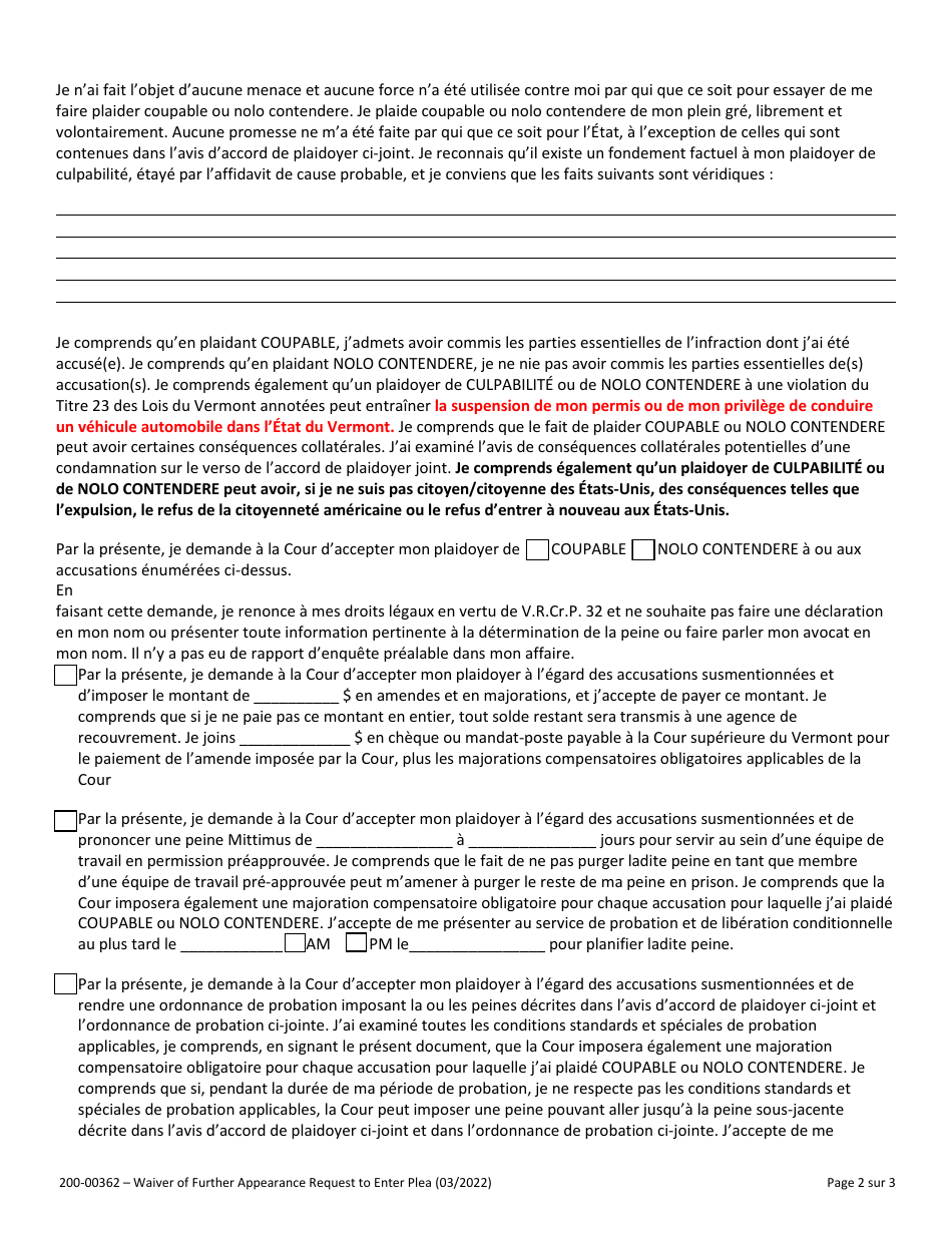 Form 200-00362 Waiver of Further Appearance and Request to Enter Plea - Vermont (French), Page 2