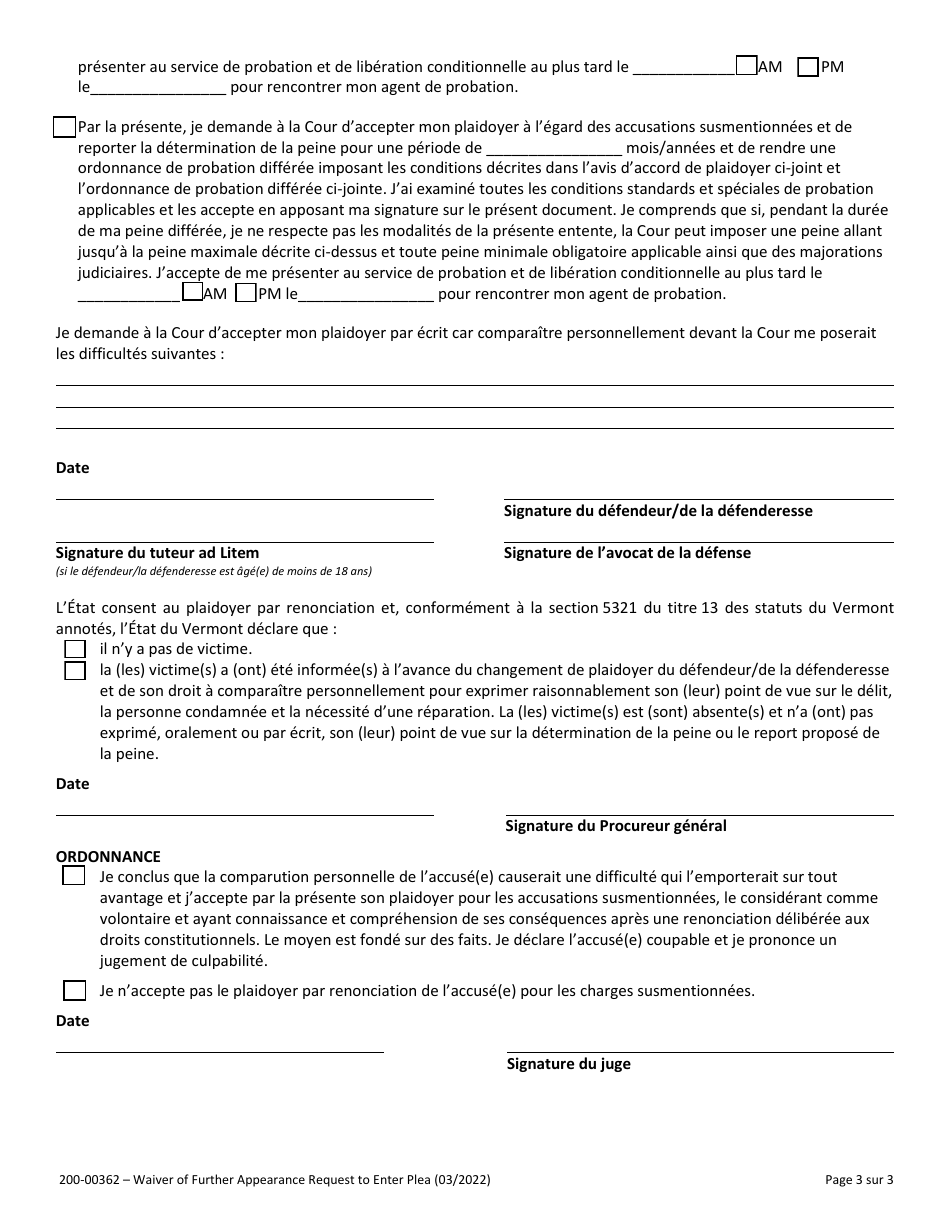 Form 200-00362 Waiver of Further Appearance and Request to Enter Plea - Vermont (French), Page 3