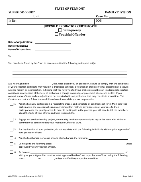 Form 400-00106 Juvenile Probation Certificate - Vermont