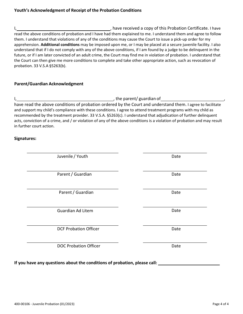 Form 400-00106 Juvenile Probation Certificate - Vermont, Page 4