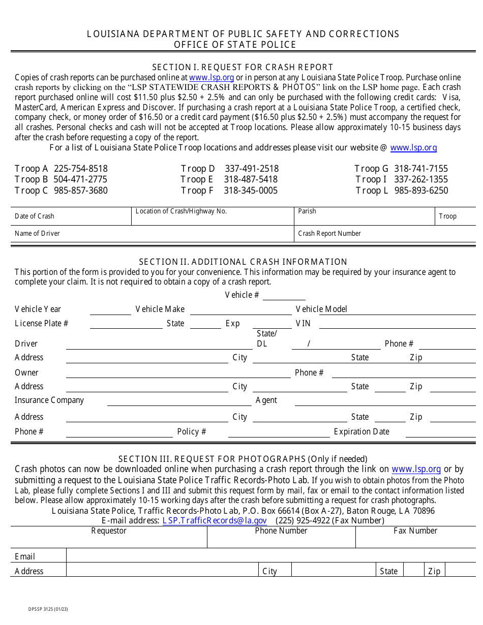 Form DPSSP3125 Request for Crash Report - Louisiana, Page 1